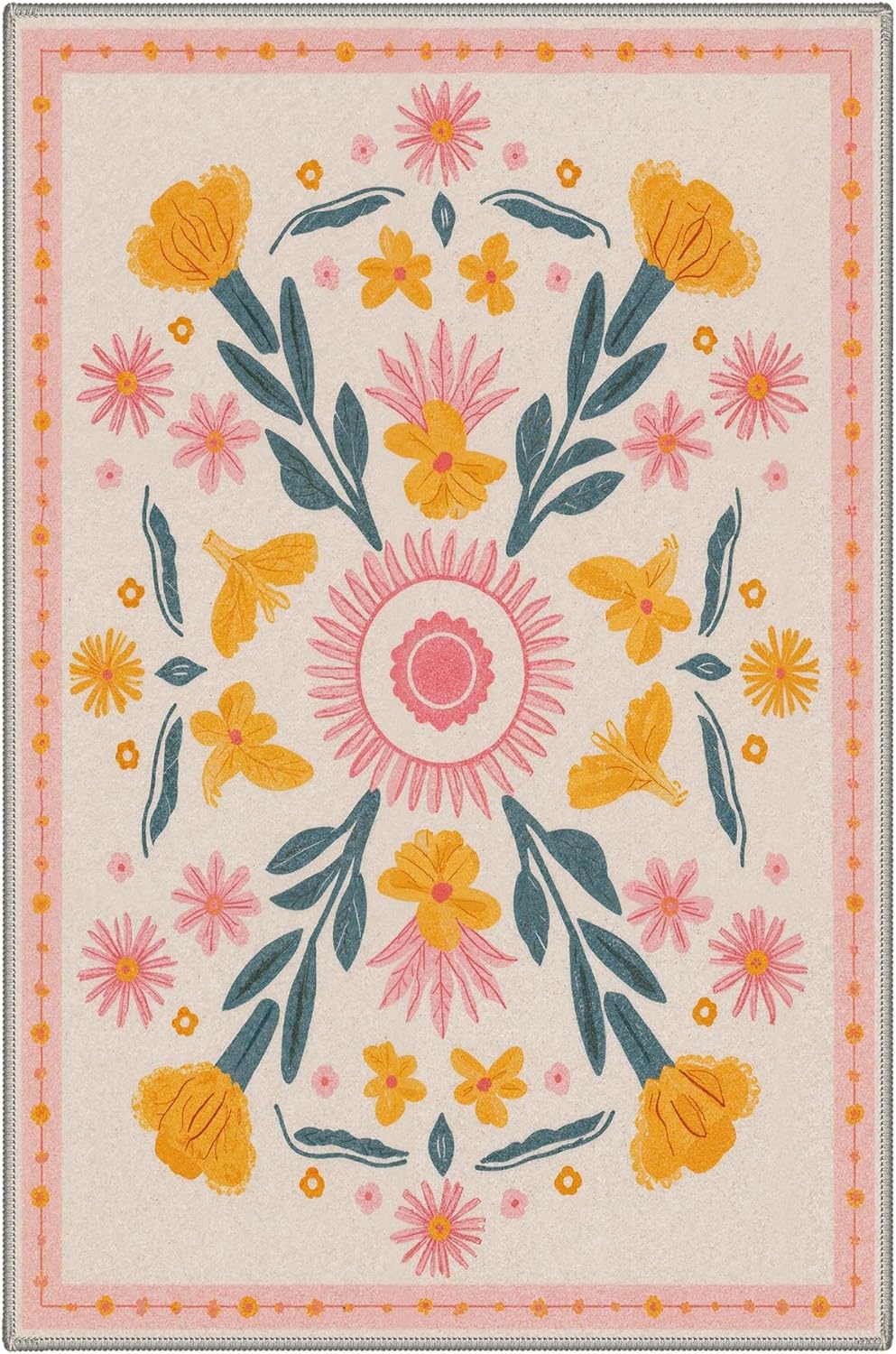 image:imageGENIMO 5X7 Area Rugs for Living Room Machine Washable Modern Botanical Non Slip Low Pile Soft Rugs Vintage Floral Carpet for Bedroom Dining Room Home Office Warm BeigeDusty Blush