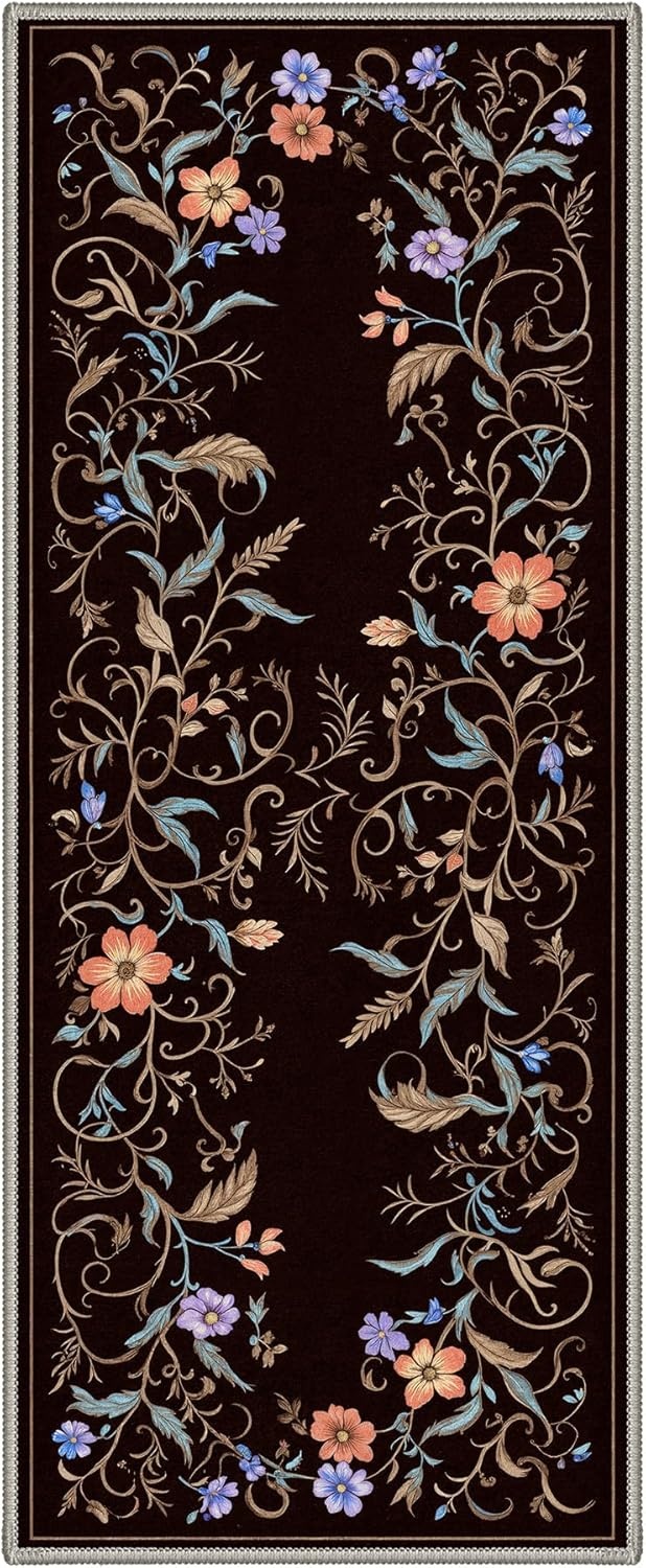 image:imageGENIMO 5X7 Area Rugs for Living Room Machine Washable Modern Botanical Non Slip Low Pile Soft Rugs Vintage Floral Carpet for Bedroom Dining Room Home Office Warm BeigeDeep Brown