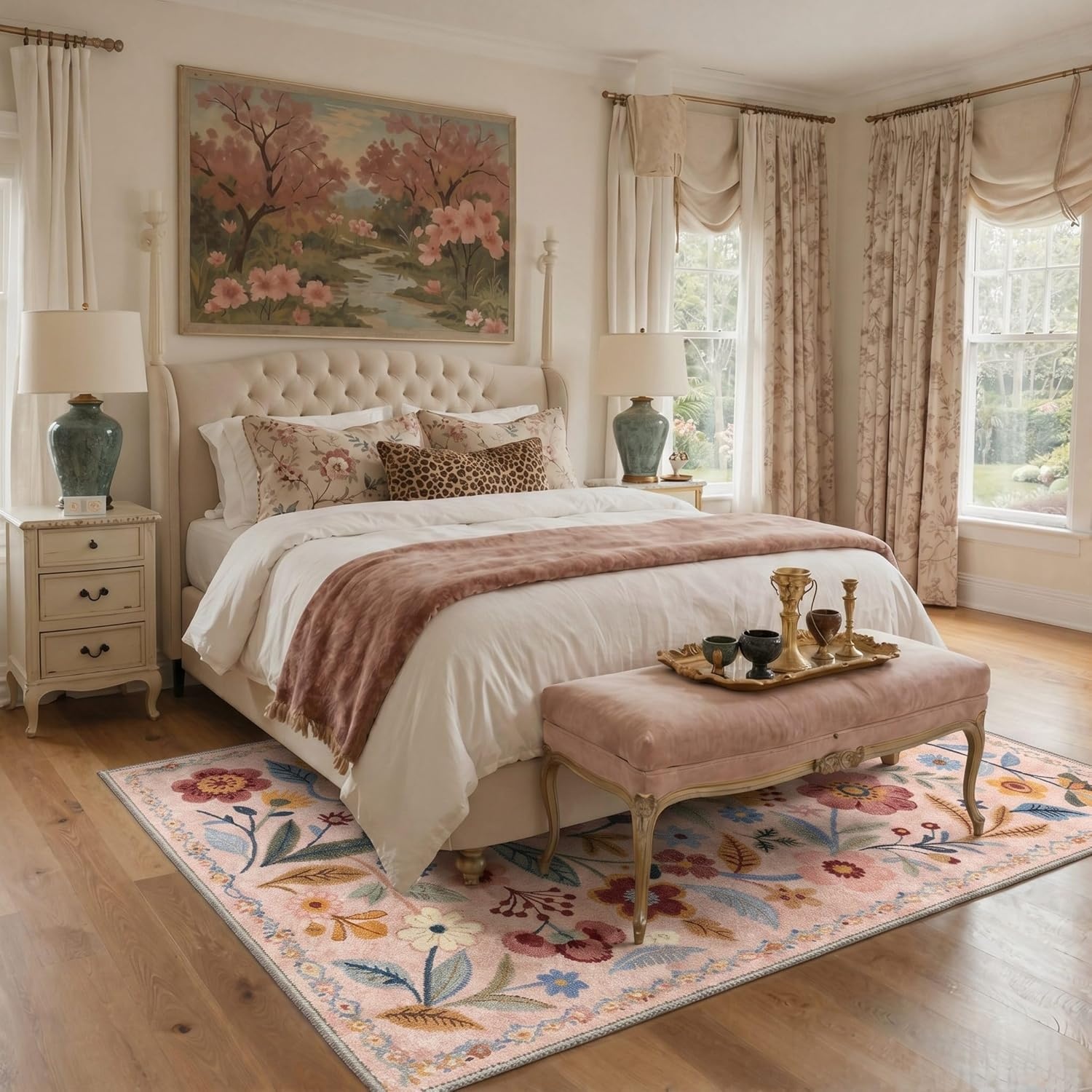 image:imageGENIMO 5X7 Area Rugs for Living Room Machine Washable Modern Botanical Non Slip Low Pile Soft Rugs Vintage Floral Carpet for Bedroom Dining Room Home Office Warm BeigeDusty Pink