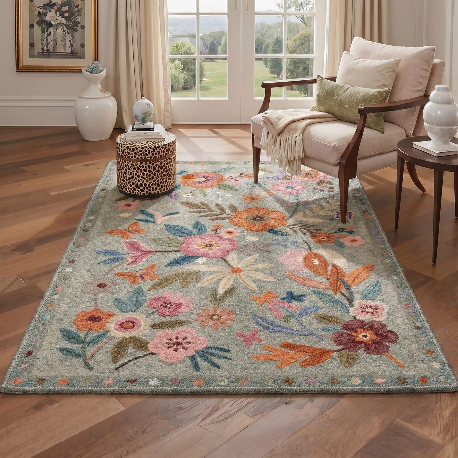 image:imageGENIMO 5X7 Area Rugs for Living Room Machine Washable Modern Botanical Non Slip Low Pile Soft Rugs Vintage Floral Carpet for Bedroom Dining Room Home Office Warm BeigeDusty Blue