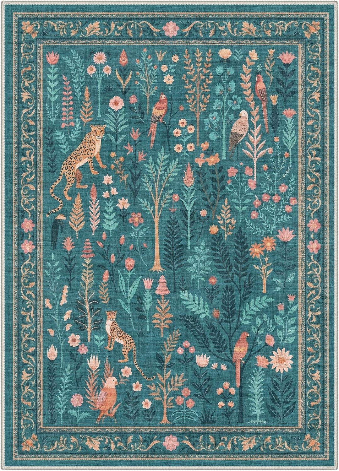 image:imageGENIMO 5X7 Area Rugs for Living Room Machine Washable Modern Botanical Non Slip Low Pile Soft Rugs Vintage Floral Carpet for Bedroom Dining Room Home Office Warm BeigeDusty Teal