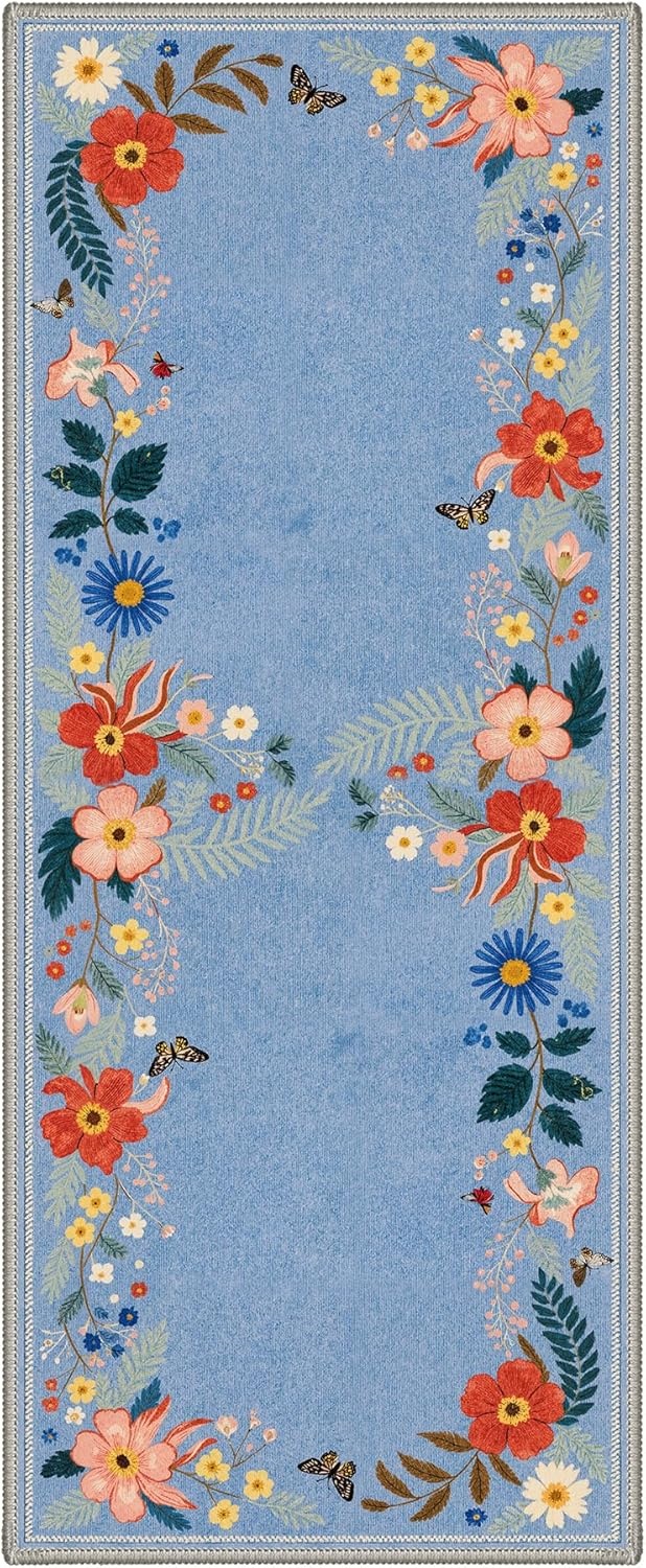 image:imageGENIMO 5X7 Area Rugs for Living Room Machine Washable Modern Botanical Non Slip Low Pile Soft Rugs Vintage Floral Carpet for Bedroom Dining Room Home Office Warm BeigeDusty Blue2
