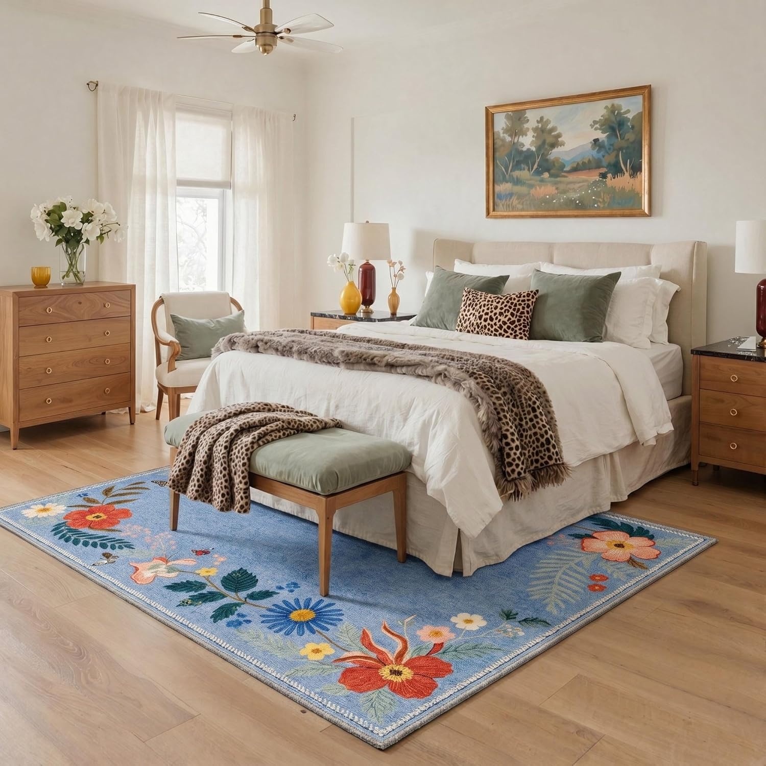 image:imageGENIMO 5X7 Area Rugs for Living Room Machine Washable Modern Botanical Non Slip Low Pile Soft Rugs Vintage Floral Carpet for Bedroom Dining Room Home Office Warm BeigeDusty Blue2