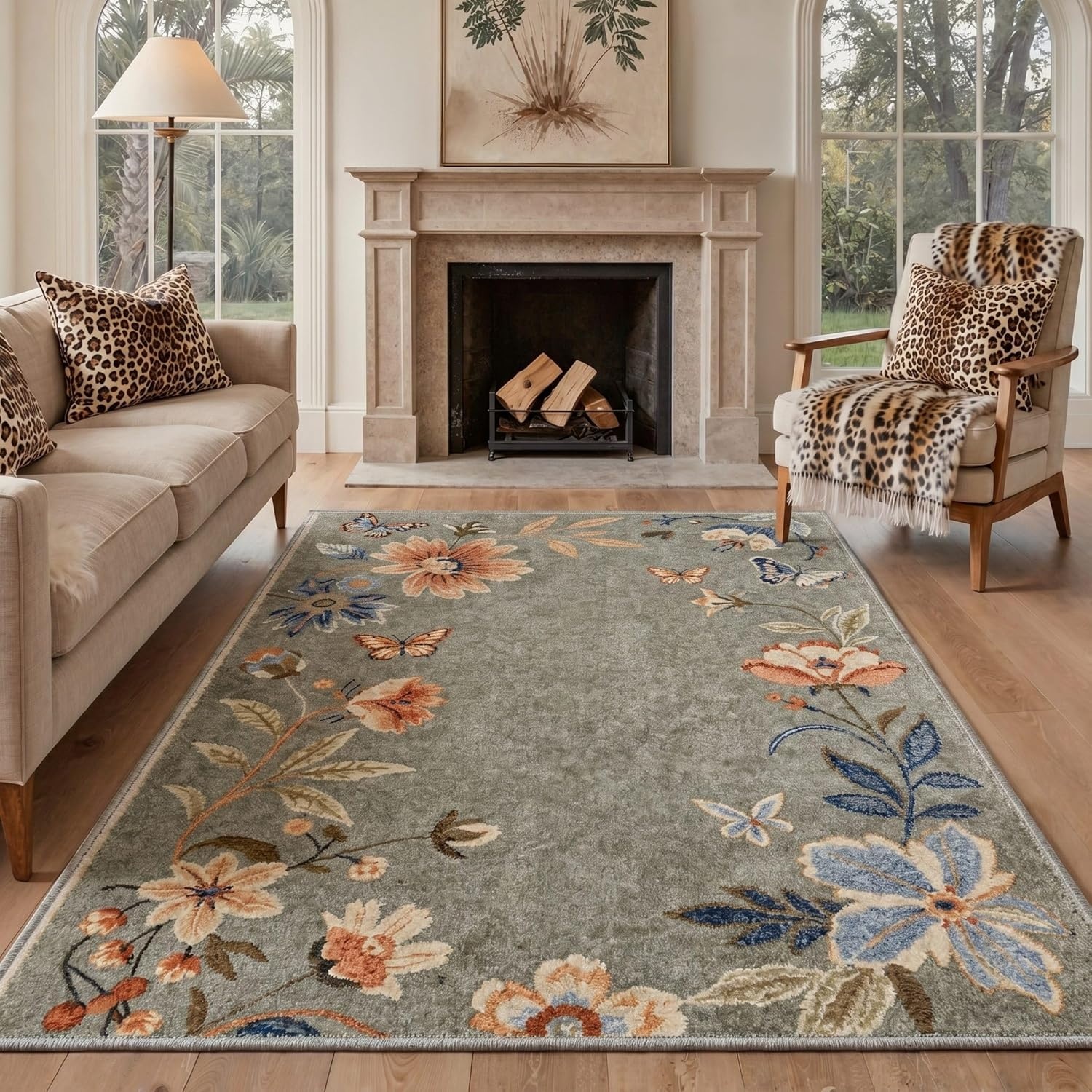 image:imageGENIMO 5X7 Area Rugs for Living Room Machine Washable Modern Botanical Non Slip Low Pile Soft Rugs Vintage Floral Carpet for Bedroom Dining Room Home Office Warm BeigeDusty Sage