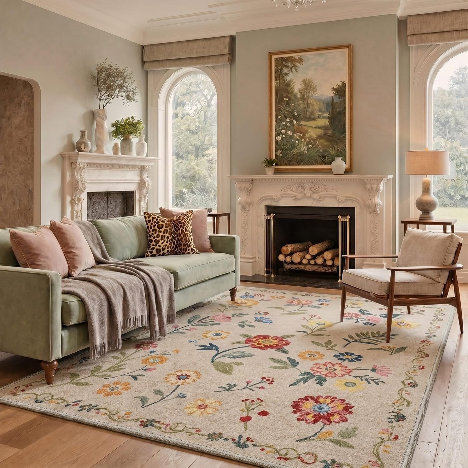 image:imageGENIMO 5X7 Area Rugs for Living Room Machine Washable Modern Botanical Non Slip Low Pile Soft Rugs Vintage Floral Carpet for Bedroom Dining Room Home Office Warm BeigeWarm Beige1