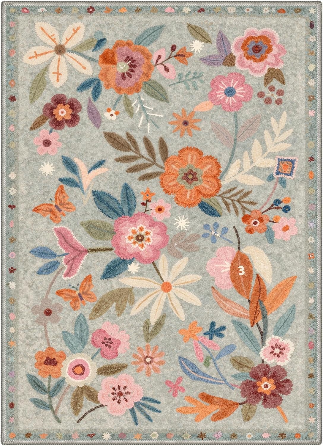 image:imageGENIMO 5X7 Area Rugs for Living Room Machine Washable Modern Botanical Non Slip Low Pile Soft Rugs Vintage Floral Carpet for Bedroom Dining Room Home Office Warm BeigeDusty Blue