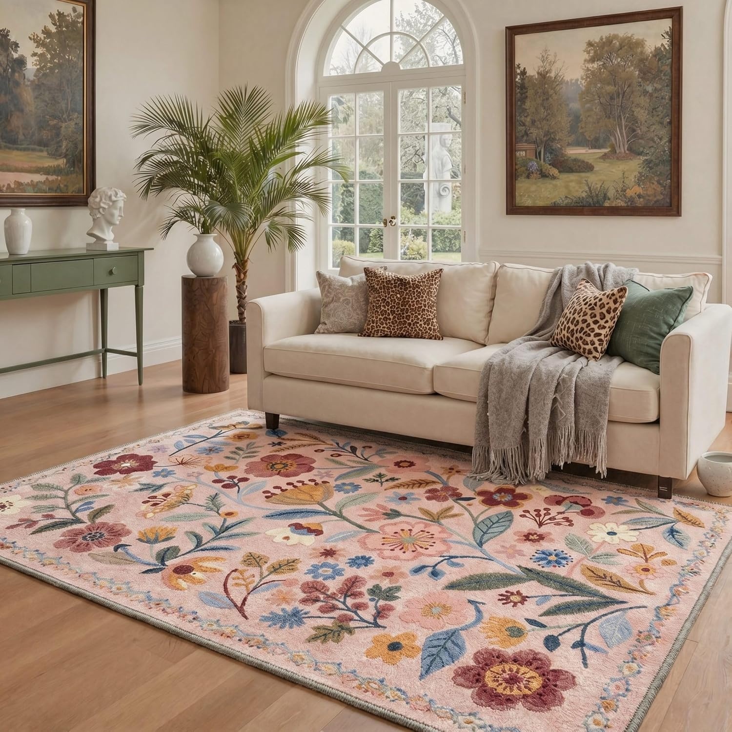 image:imageGENIMO 5X7 Area Rugs for Living Room Machine Washable Modern Botanical Non Slip Low Pile Soft Rugs Vintage Floral Carpet for Bedroom Dining Room Home Office Warm BeigeDusty Pink