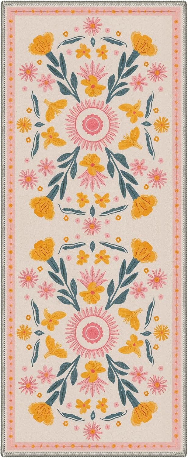 image:imageGENIMO 5X7 Area Rugs for Living Room Machine Washable Modern Botanical Non Slip Low Pile Soft Rugs Vintage Floral Carpet for Bedroom Dining Room Home Office Warm BeigeDusty Blush