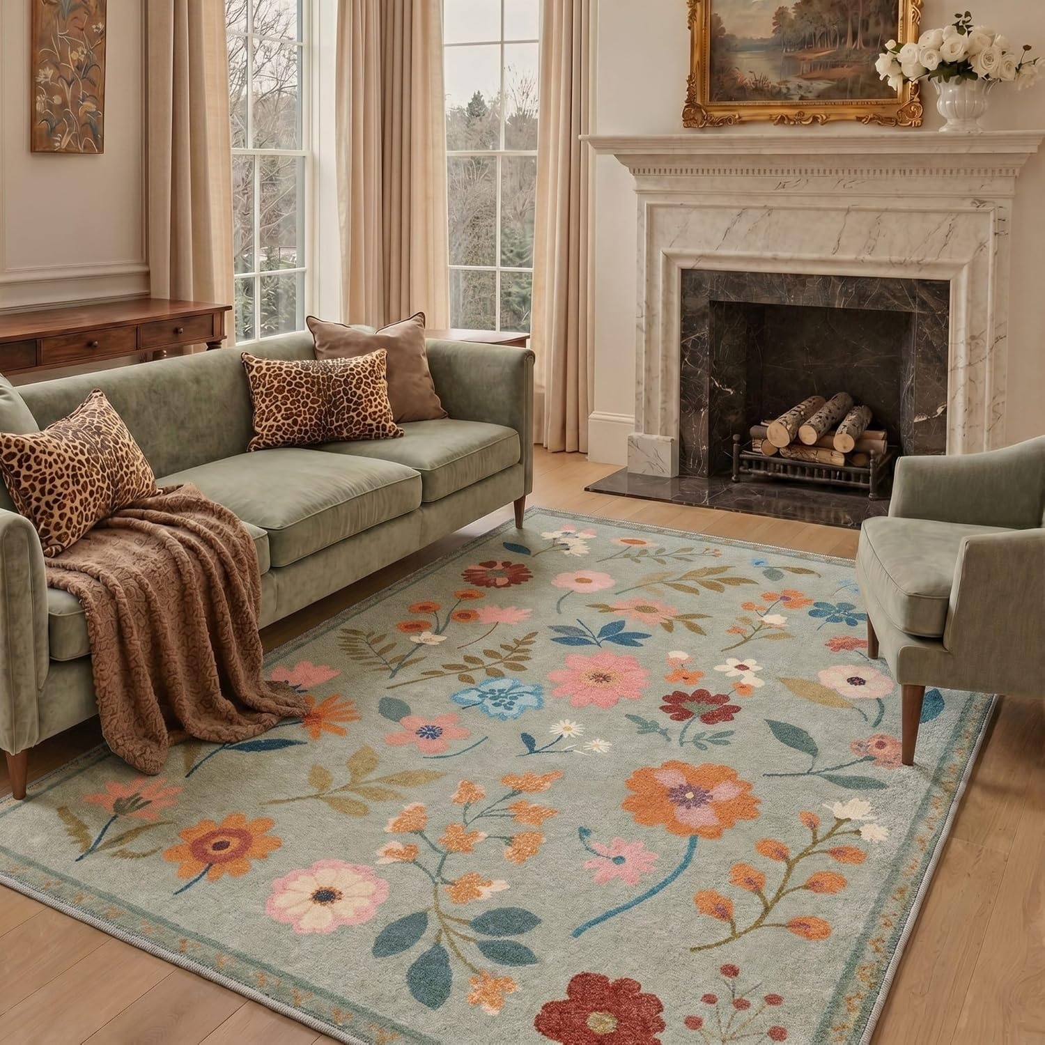 image:imageGENIMO 5X7 Area Rugs for Living Room Machine Washable Modern Botanical Non Slip Low Pile Soft Rugs Vintage Floral Carpet for Bedroom Dining Room Home Office Warm BeigeMuted Sage