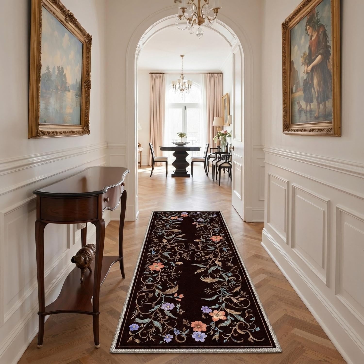 image:imageGENIMO 5X7 Area Rugs for Living Room Machine Washable Modern Botanical Non Slip Low Pile Soft Rugs Vintage Floral Carpet for Bedroom Dining Room Home Office Warm BeigeDeep Brown