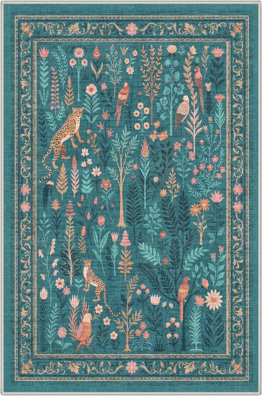 image:imageGENIMO 5X7 Area Rugs for Living Room Machine Washable Modern Botanical Non Slip Low Pile Soft Rugs Vintage Floral Carpet for Bedroom Dining Room Home Office Warm BeigeDusty Teal