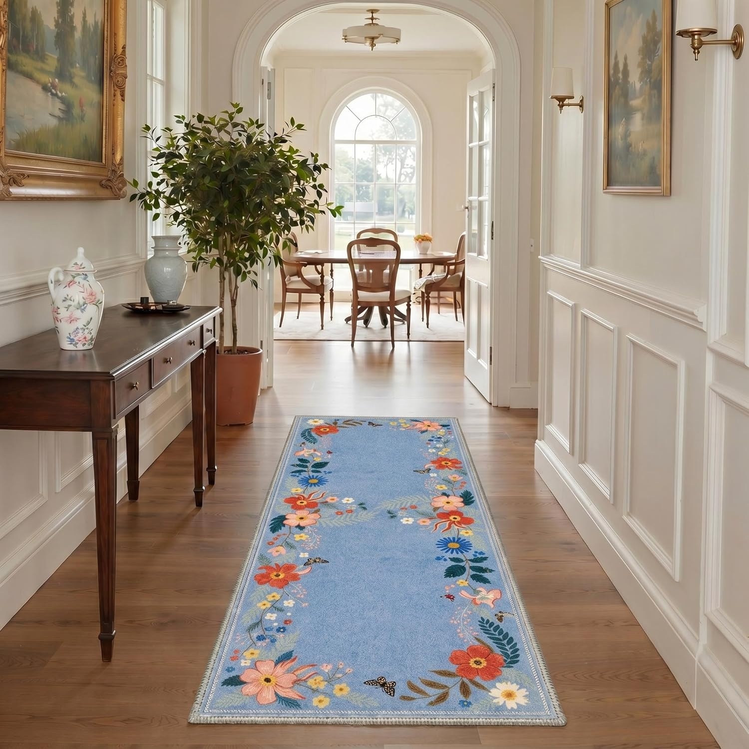 image:imageGENIMO 5X7 Area Rugs for Living Room Machine Washable Modern Botanical Non Slip Low Pile Soft Rugs Vintage Floral Carpet for Bedroom Dining Room Home Office Warm BeigeDusty Blue2