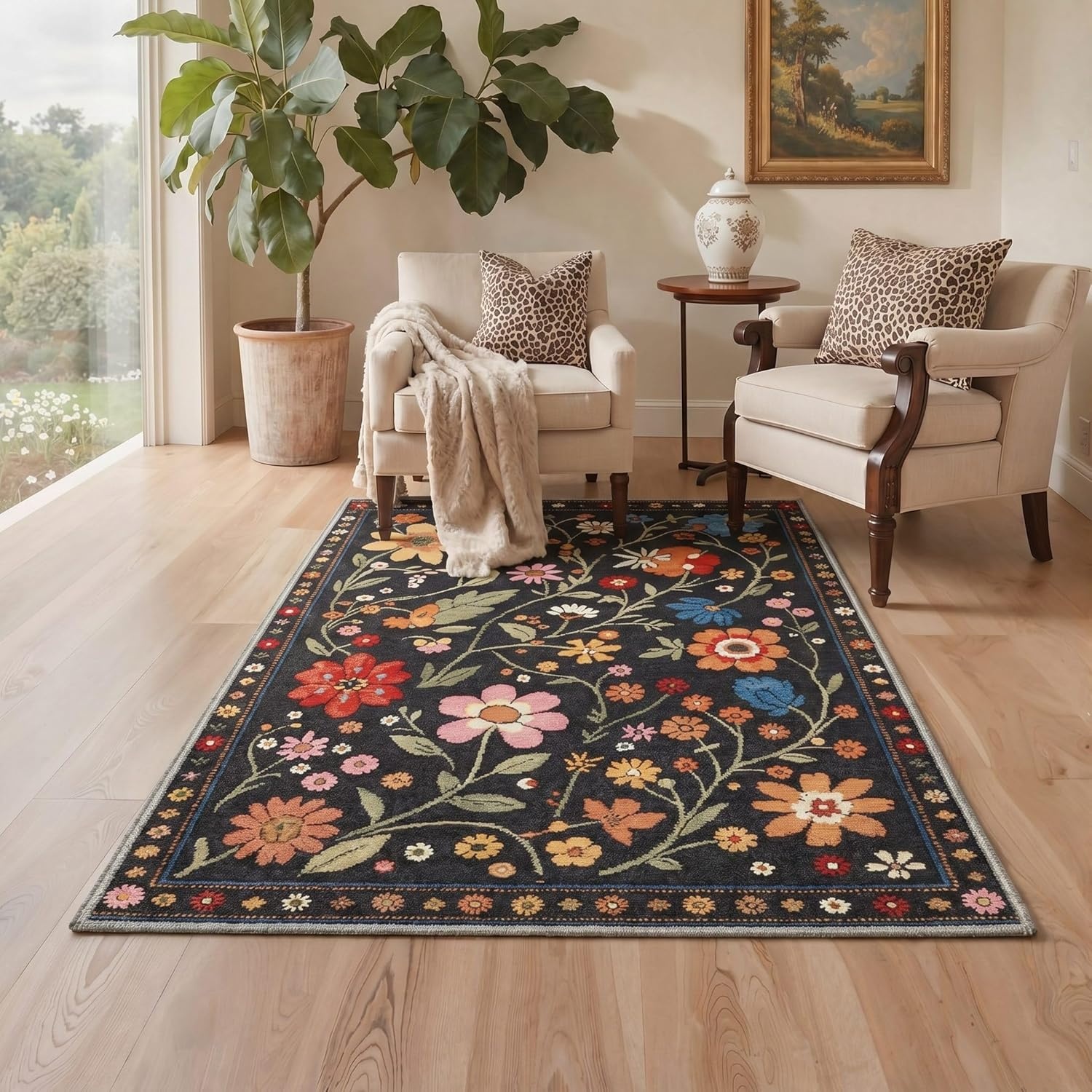 image:imageGENIMO 5X7 Area Rugs for Living Room Machine Washable Modern Botanical Non Slip Low Pile Soft Rugs Vintage Floral Carpet for Bedroom Dining Room Home Office Warm BeigeBlack