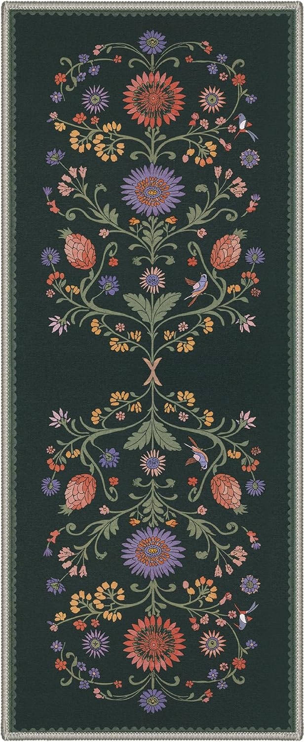 image:imageGENIMO 5X7 Area Rugs for Living Room Machine Washable Modern Botanical Non Slip Low Pile Soft Rugs Vintage Floral Carpet for Bedroom Dining Room Home Office Warm BeigeForest Green