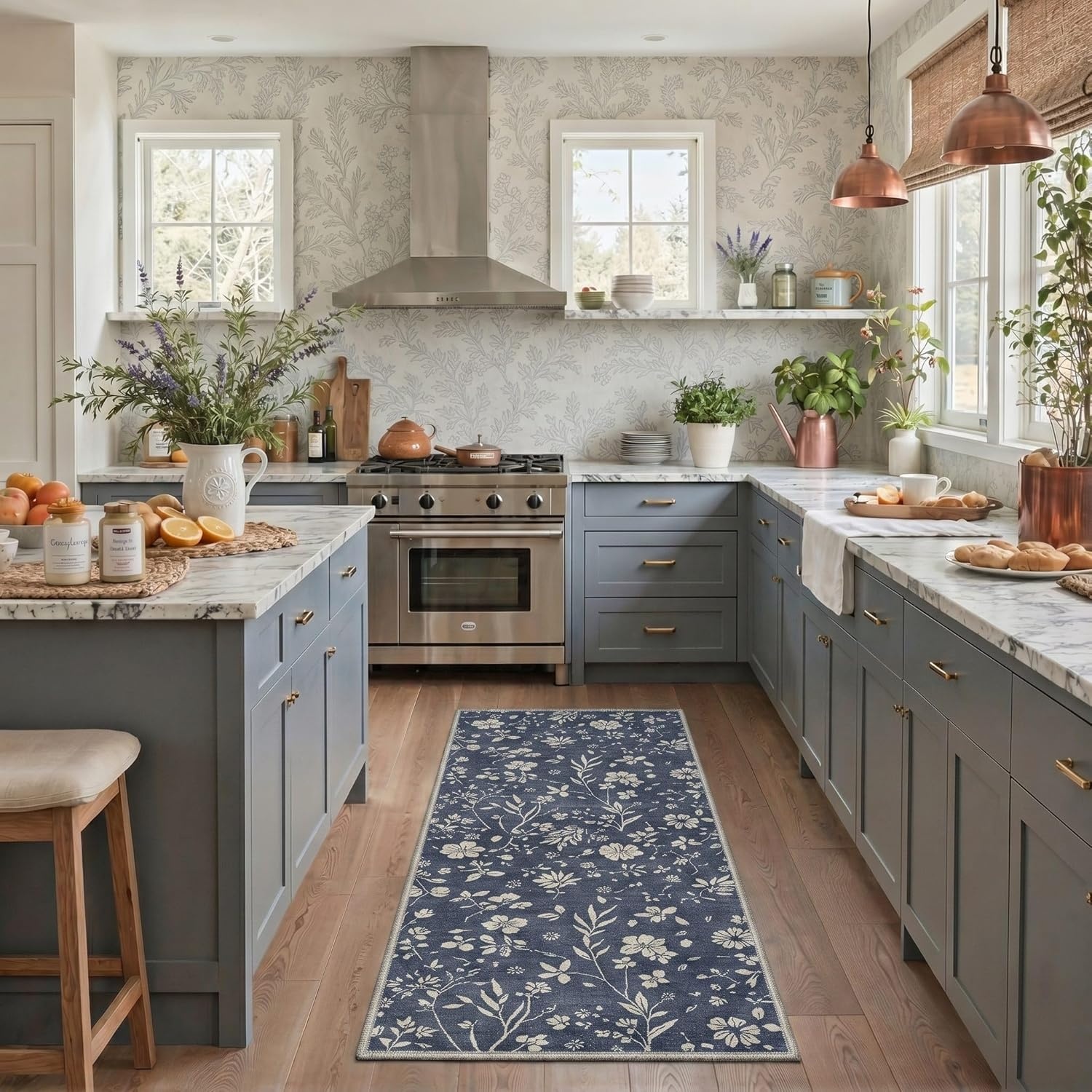 image:imageGENIMO 5X7 Area Rugs for Living Room Machine Washable Modern Botanical Non Slip Low Pile Soft Rugs Vintage Floral Carpet for Bedroom Dining Room Home Office Warm BeigeMuted Navy
