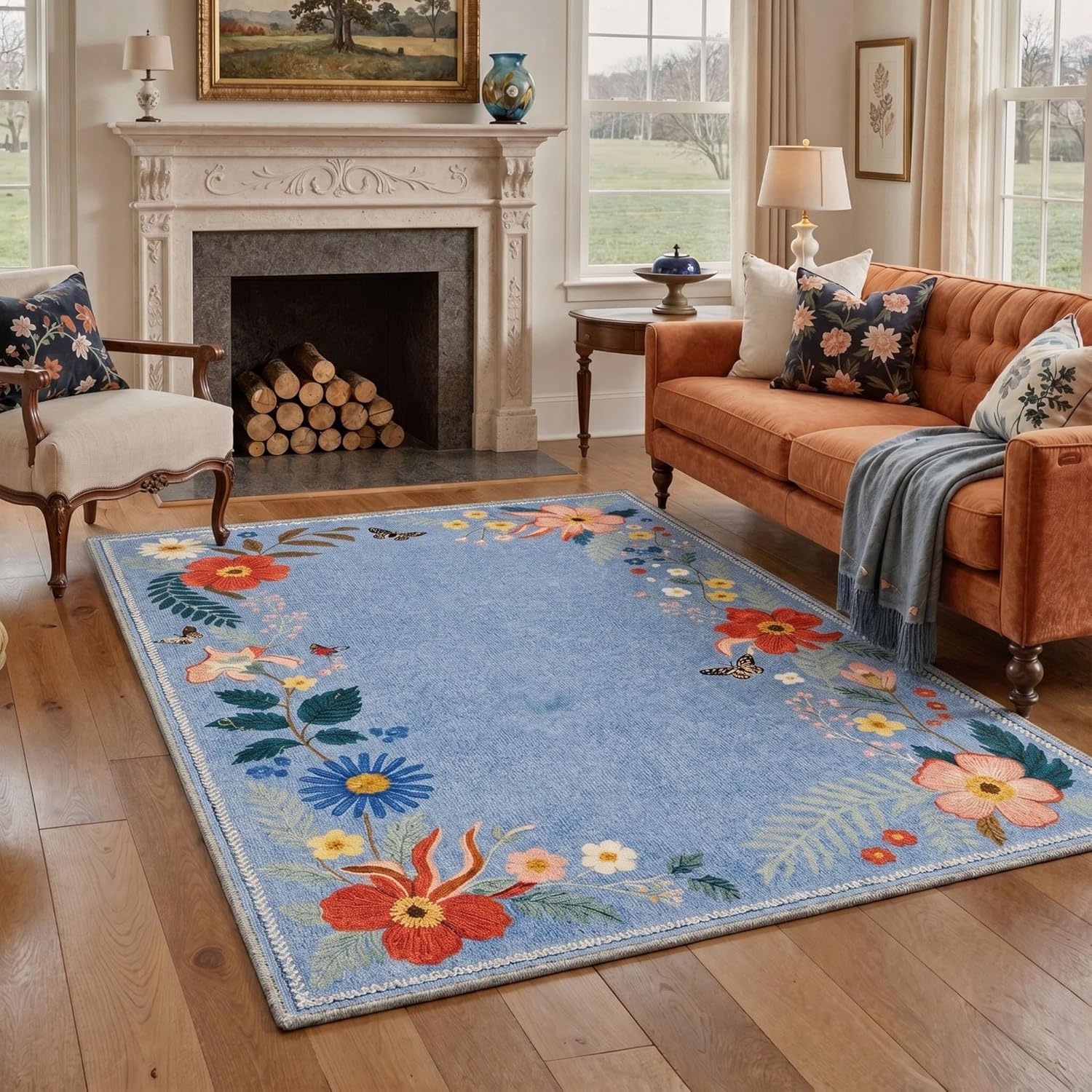 image:imageGENIMO 5X7 Area Rugs for Living Room Machine Washable Modern Botanical Non Slip Low Pile Soft Rugs Vintage Floral Carpet for Bedroom Dining Room Home Office Warm BeigeDusty Blue2