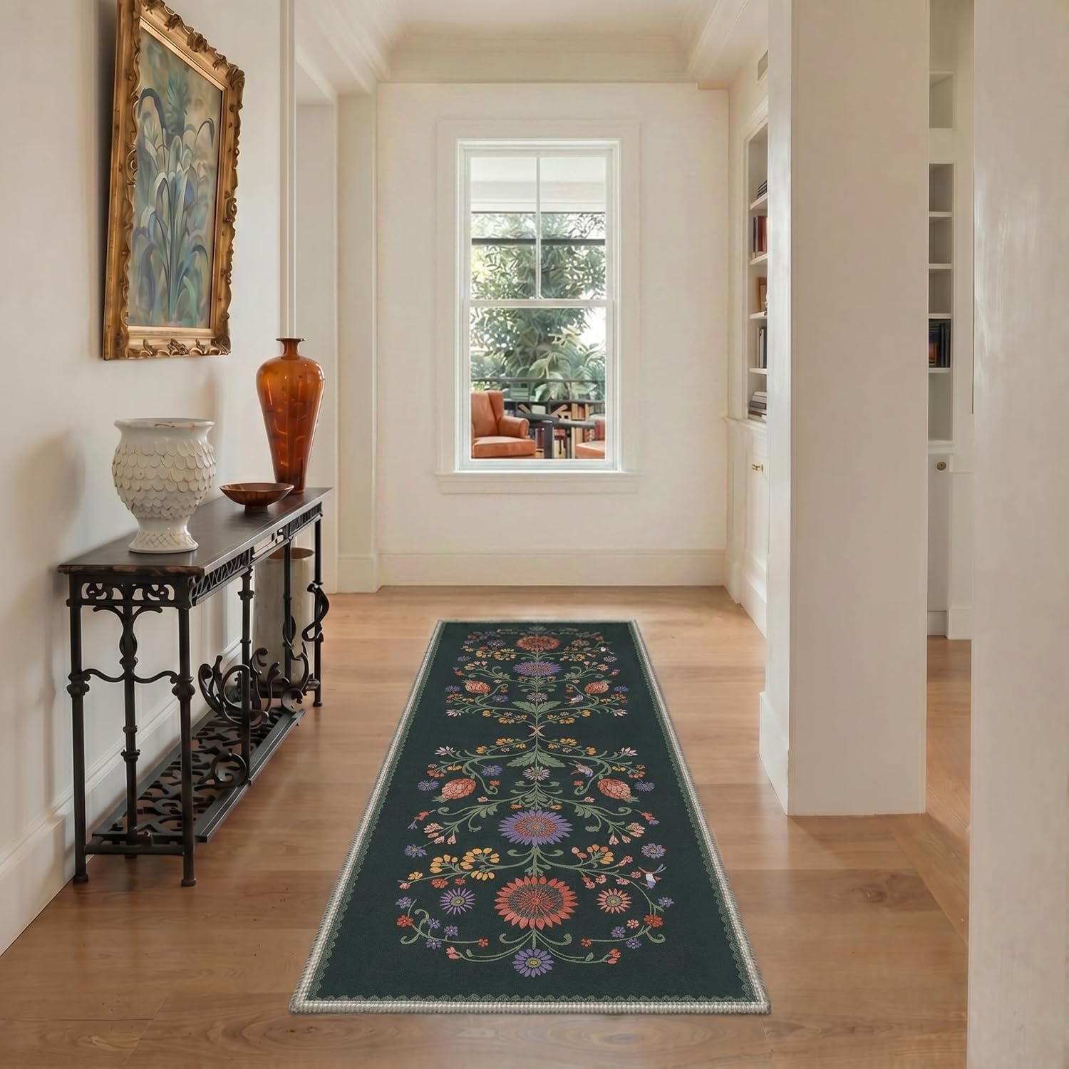 image:imageGENIMO 5X7 Area Rugs for Living Room Machine Washable Modern Botanical Non Slip Low Pile Soft Rugs Vintage Floral Carpet for Bedroom Dining Room Home Office Warm BeigeForest Green