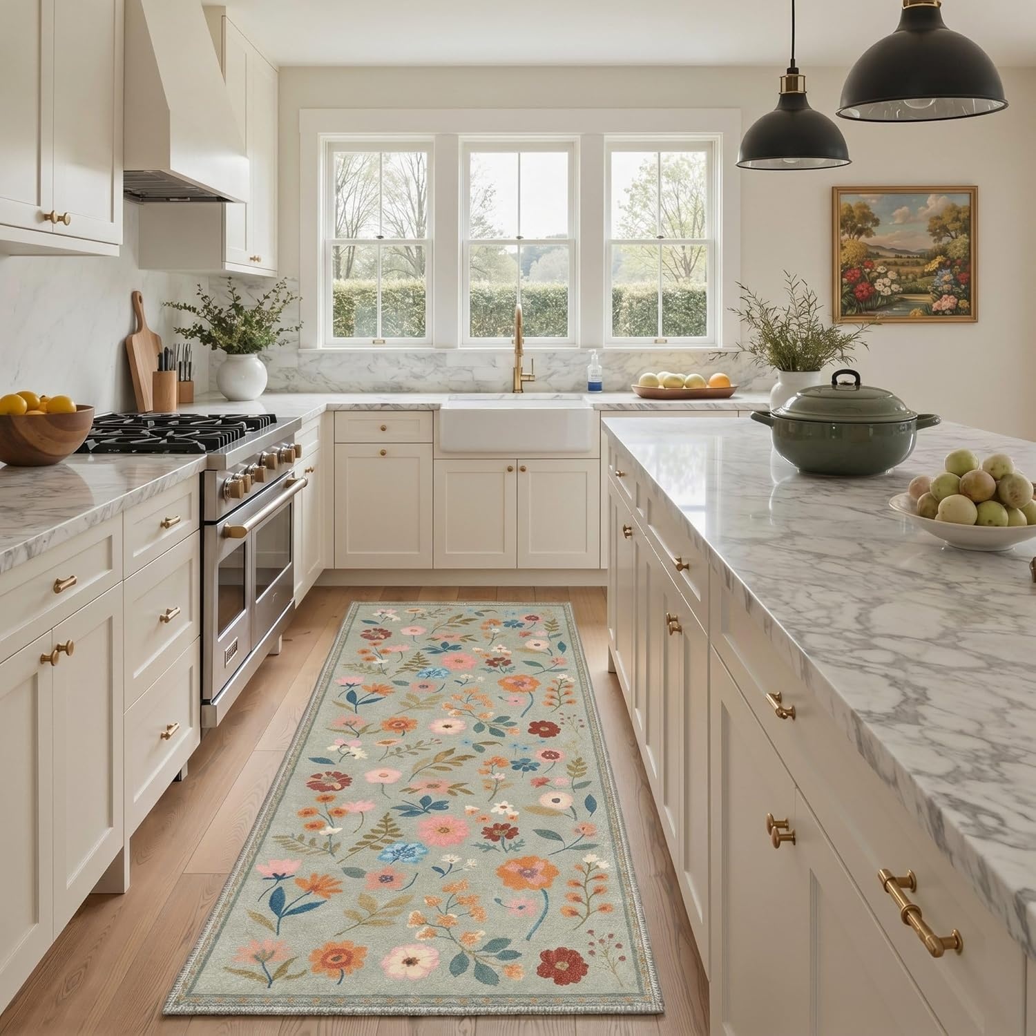 image:imageGENIMO 5X7 Area Rugs for Living Room Machine Washable Modern Botanical Non Slip Low Pile Soft Rugs Vintage Floral Carpet for Bedroom Dining Room Home Office Warm BeigeMuted Sage
