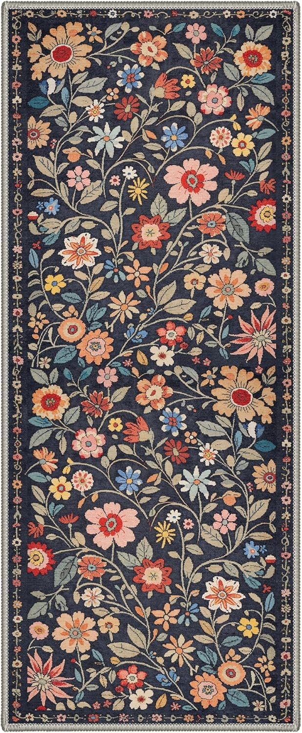 image:imageGENIMO 5X7 Area Rugs for Living Room Machine Washable Modern Botanical Non Slip Low Pile Soft Rugs Vintage Floral Carpet for Bedroom Dining Room Home Office Warm BeigeDusty Navy