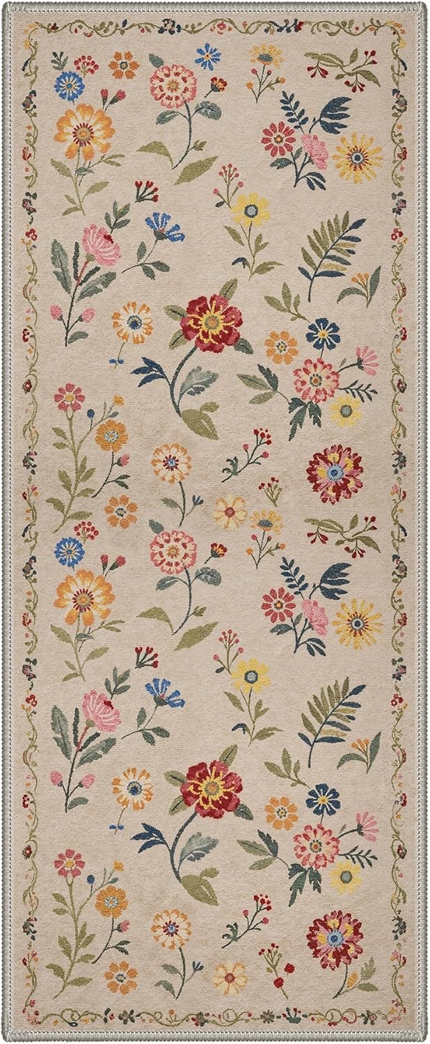 image:imageGENIMO 5X7 Area Rugs for Living Room Machine Washable Modern Botanical Non Slip Low Pile Soft Rugs Vintage Floral Carpet for Bedroom Dining Room Home Office Warm BeigeWarm Beige1