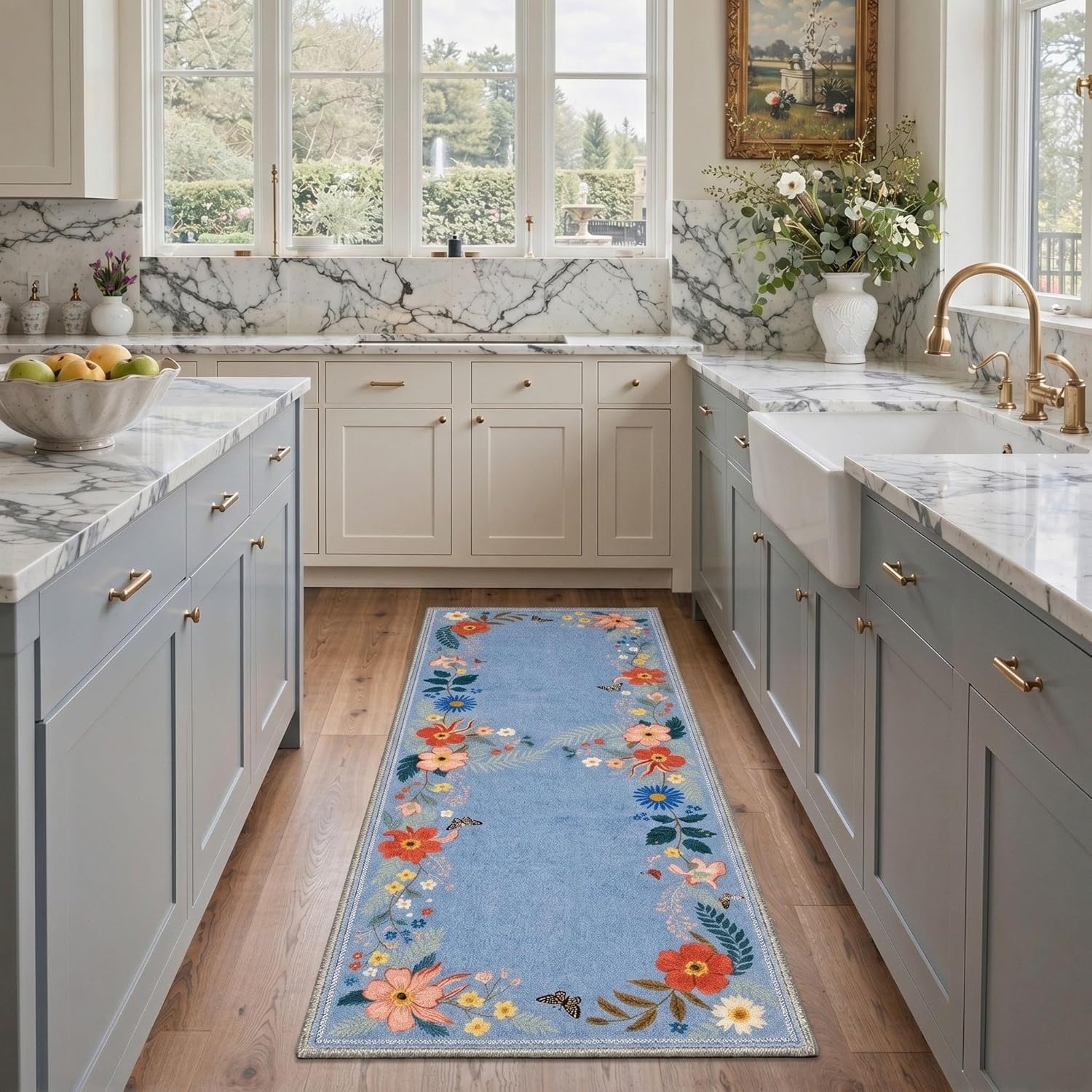 image:imageGENIMO 5X7 Area Rugs for Living Room Machine Washable Modern Botanical Non Slip Low Pile Soft Rugs Vintage Floral Carpet for Bedroom Dining Room Home Office Warm BeigeDusty Blue2