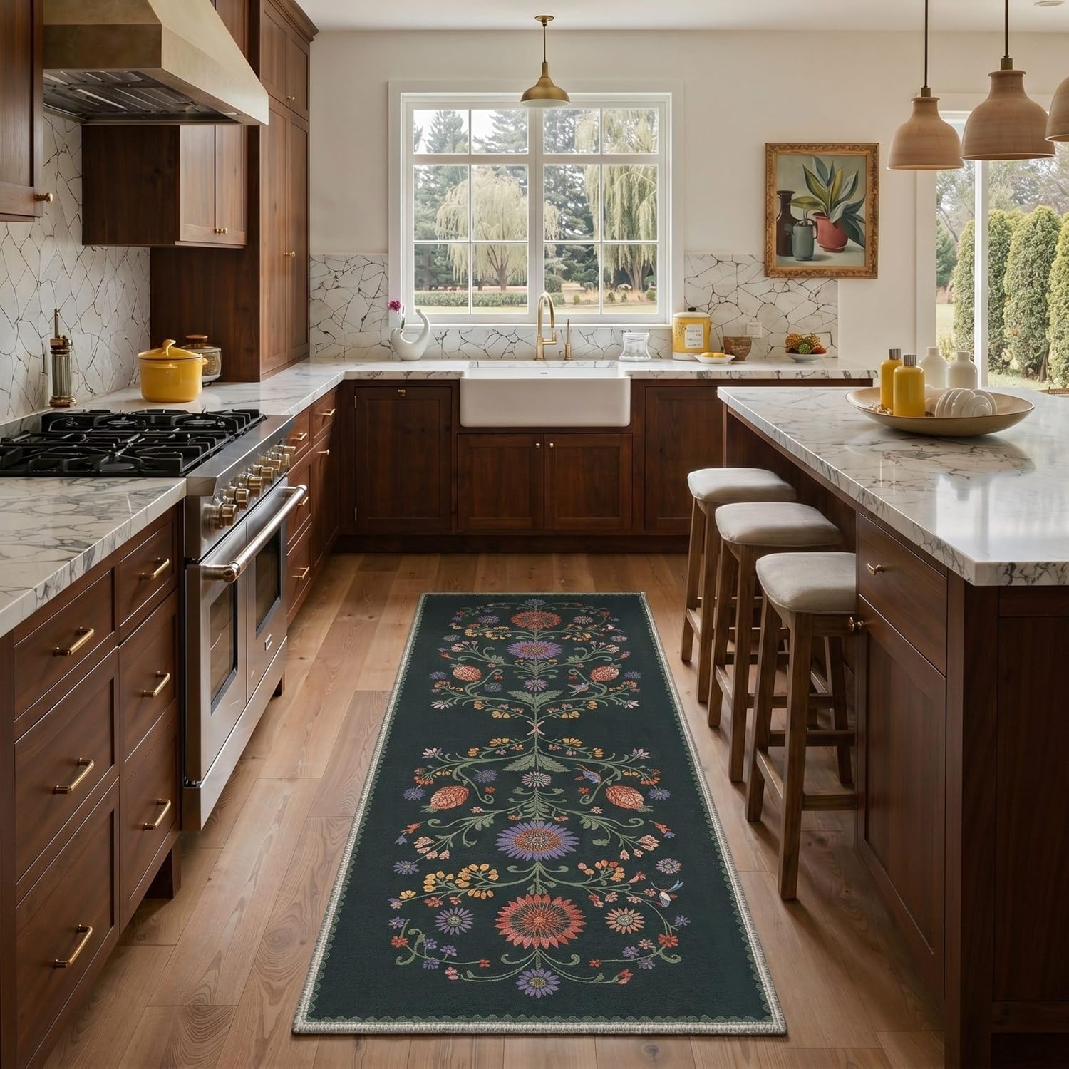 image:imageGENIMO 5X7 Area Rugs for Living Room Machine Washable Modern Botanical Non Slip Low Pile Soft Rugs Vintage Floral Carpet for Bedroom Dining Room Home Office Warm BeigeForest Green