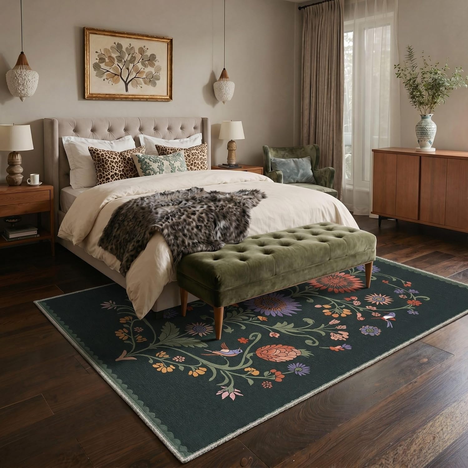 image:imageGENIMO 5X7 Area Rugs for Living Room Machine Washable Modern Botanical Non Slip Low Pile Soft Rugs Vintage Floral Carpet for Bedroom Dining Room Home Office Warm BeigeForest Green