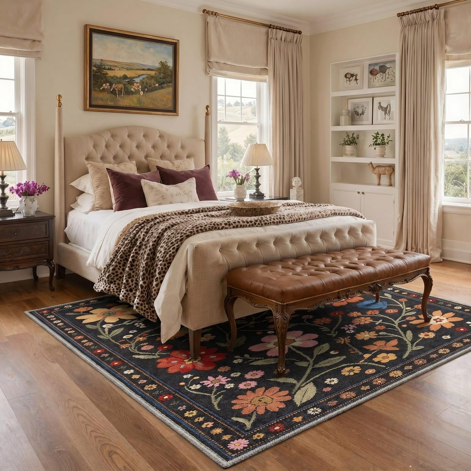 image:imageGENIMO 5X7 Area Rugs for Living Room Machine Washable Modern Botanical Non Slip Low Pile Soft Rugs Vintage Floral Carpet for Bedroom Dining Room Home Office Warm BeigeBlack