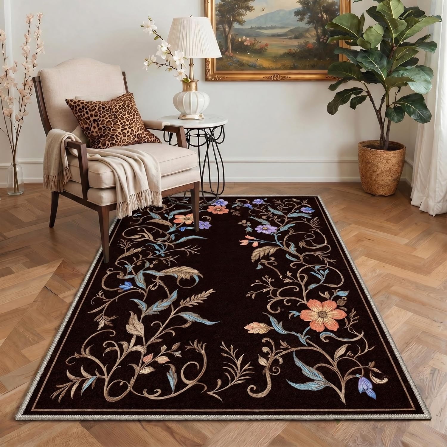 image:imageGENIMO 5X7 Area Rugs for Living Room Machine Washable Modern Botanical Non Slip Low Pile Soft Rugs Vintage Floral Carpet for Bedroom Dining Room Home Office Warm BeigeDeep Brown