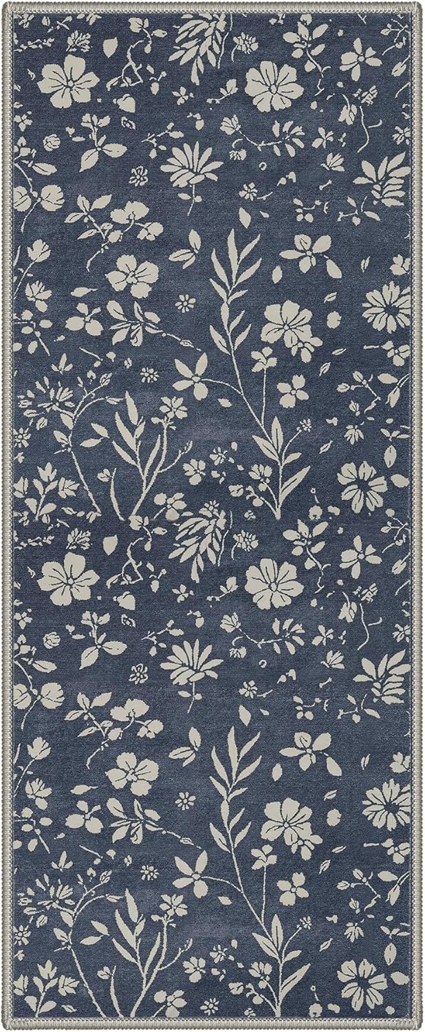 image:imageGENIMO 5X7 Area Rugs for Living Room Machine Washable Modern Botanical Non Slip Low Pile Soft Rugs Vintage Floral Carpet for Bedroom Dining Room Home Office Warm BeigeMuted Navy