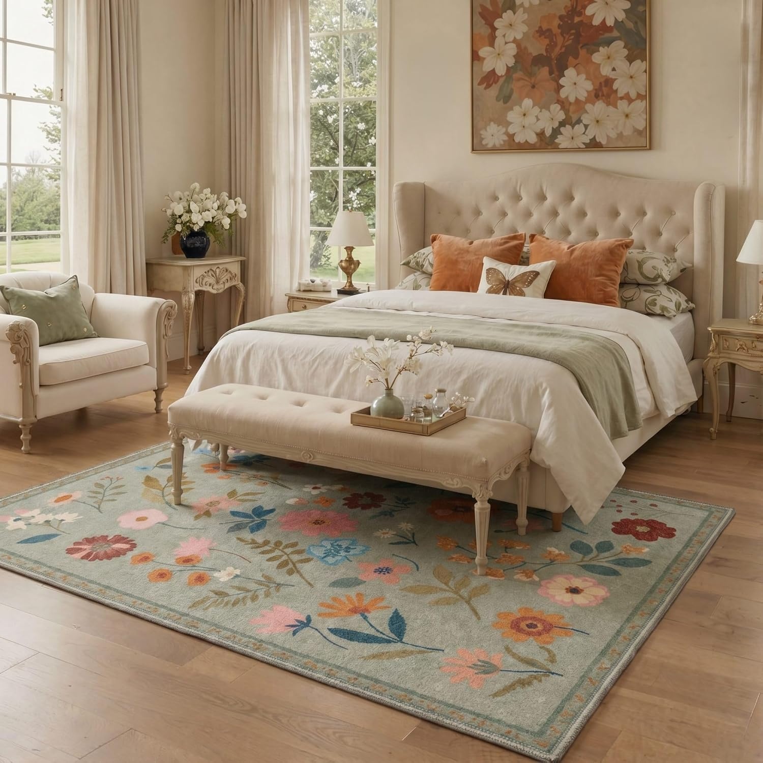image:imageGENIMO 5X7 Area Rugs for Living Room Machine Washable Modern Botanical Non Slip Low Pile Soft Rugs Vintage Floral Carpet for Bedroom Dining Room Home Office Warm BeigeMuted Sage