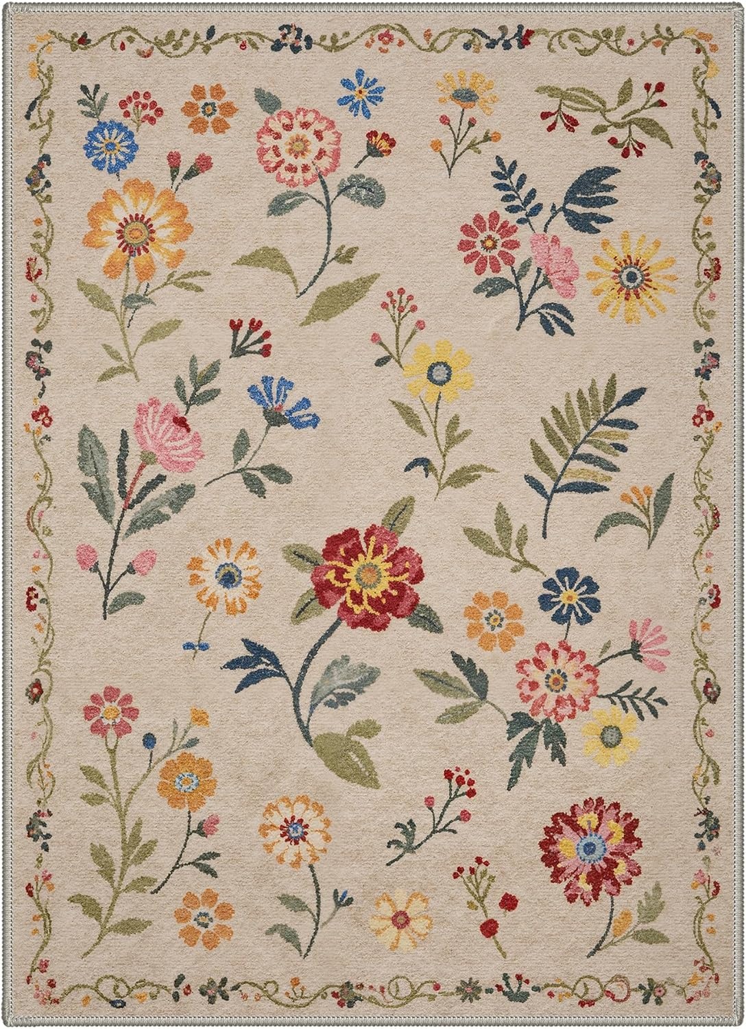 image:imageGENIMO 5X7 Area Rugs for Living Room Machine Washable Modern Botanical Non Slip Low Pile Soft Rugs Vintage Floral Carpet for Bedroom Dining Room Home Office Warm BeigeWarm Beige1