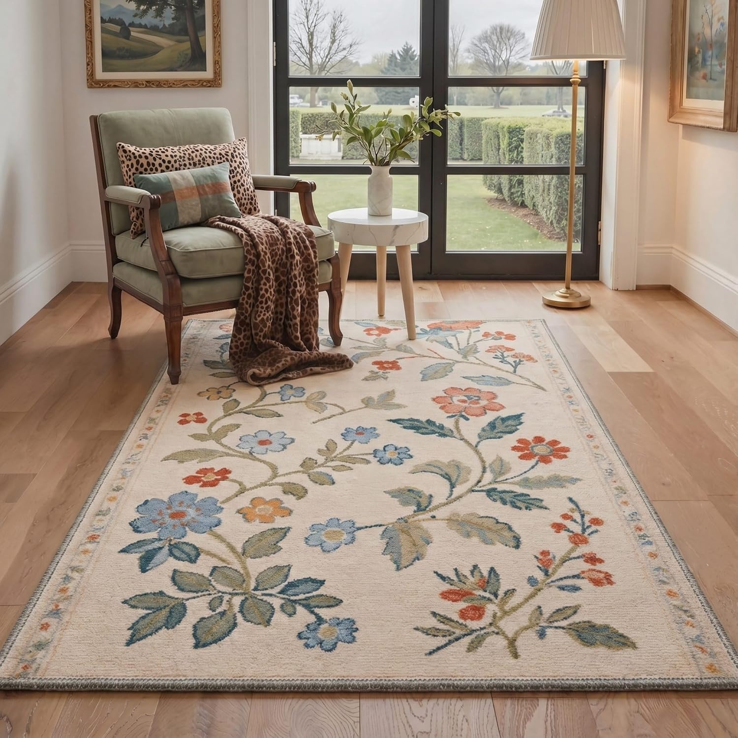 image:imageGENIMO 5X7 Area Rugs for Living Room Machine Washable Modern Botanical Non Slip Low Pile Soft Rugs Vintage Floral Carpet for Bedroom Dining Room Home Office Warm BeigeCreamy Beige