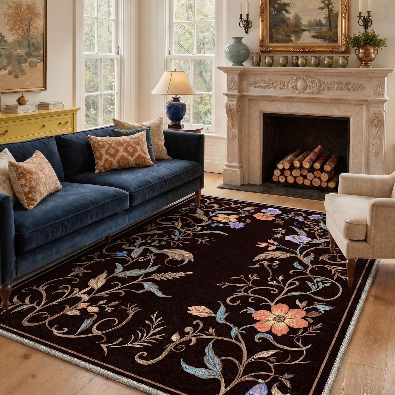 image:imageGENIMO 5X7 Area Rugs for Living Room Machine Washable Modern Botanical Non Slip Low Pile Soft Rugs Vintage Floral Carpet for Bedroom Dining Room Home Office Warm BeigeDeep Brown