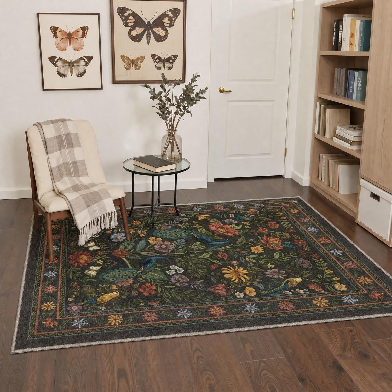 image:imageGENIMO 5X7 Area Rugs for Living Room Machine Washable Modern Botanical Non Slip Low Pile Soft Rugs Vintage Floral Carpet for Bedroom Dining Room Home Office Warm BeigeDusty Charcoal