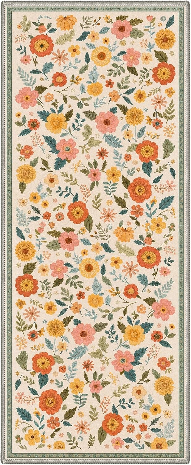 image:imageGENIMO 5X7 Area Rugs for Living Room Machine Washable Modern Botanical Non Slip Low Pile Soft Rugs Vintage Floral Carpet for Bedroom Dining Room Home Office Warm BeigeWarm Beige3