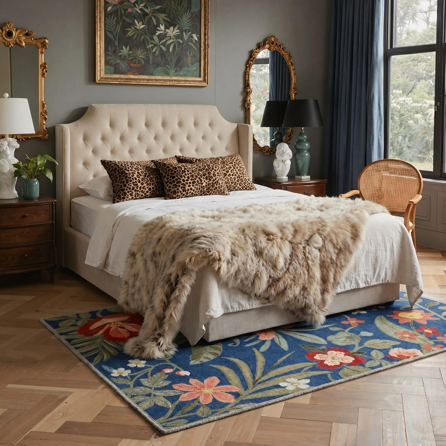 image:imageGENIMO 5X7 Area Rugs for Living Room Machine Washable Modern Botanical Non Slip Low Pile Soft Rugs Vintage Floral Carpet for Bedroom Dining Room Home Office Warm BeigeNavy Blue