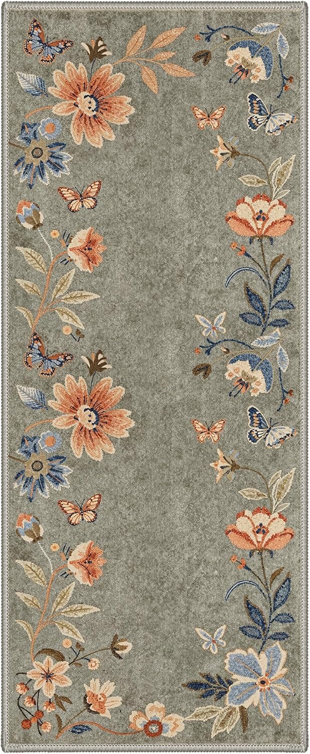 image:imageGENIMO 5X7 Area Rugs for Living Room Machine Washable Modern Botanical Non Slip Low Pile Soft Rugs Vintage Floral Carpet for Bedroom Dining Room Home Office Warm BeigeDusty Sage