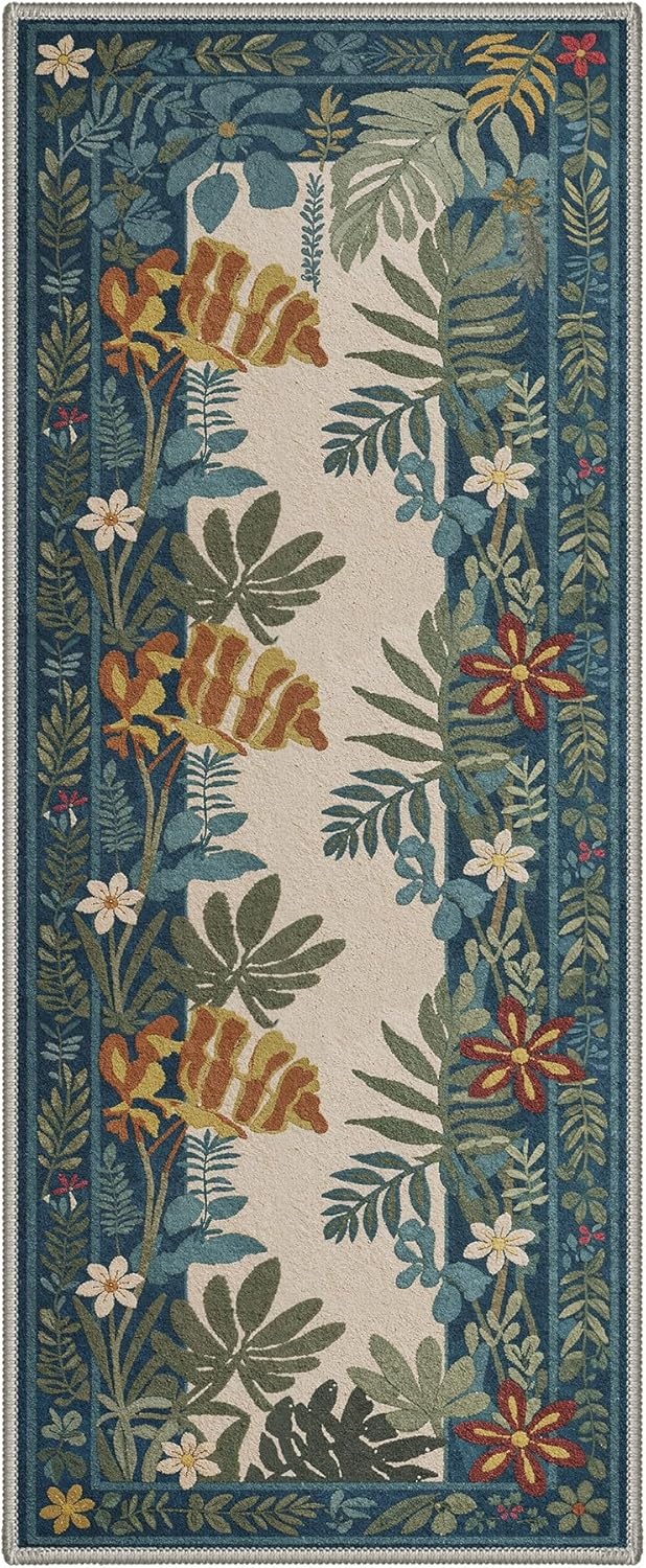 image:imageGENIMO 5X7 Area Rugs for Living Room Machine Washable Modern Botanical Non Slip Low Pile Soft Rugs Vintage Floral Carpet for Bedroom Dining Room Home Office Warm BeigeDusty Teal1