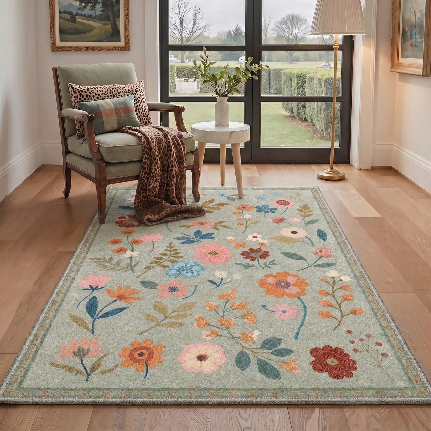 image:imageGENIMO 5X7 Area Rugs for Living Room Machine Washable Modern Botanical Non Slip Low Pile Soft Rugs Vintage Floral Carpet for Bedroom Dining Room Home Office Warm BeigeMuted Sage