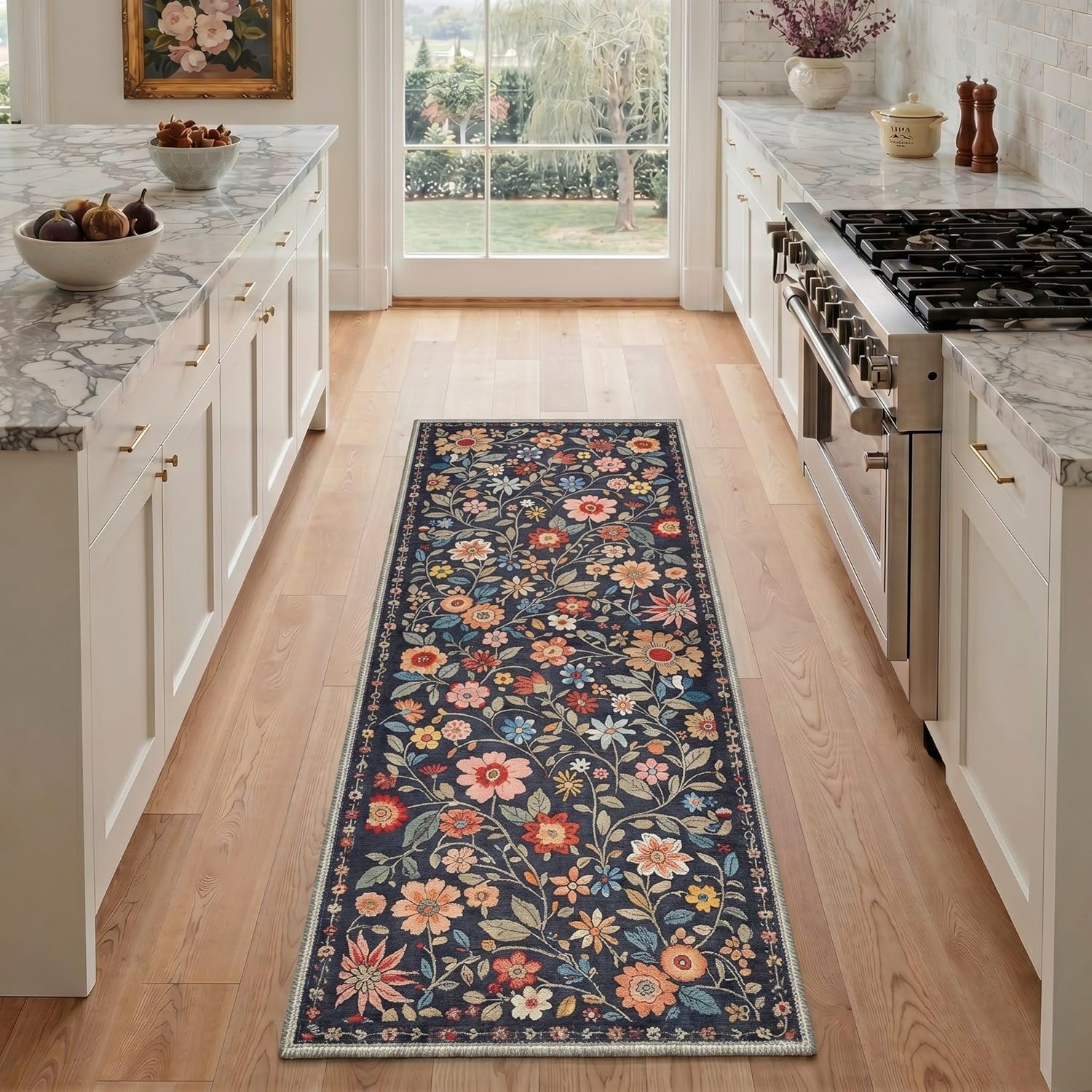image:imageGENIMO 5X7 Area Rugs for Living Room Machine Washable Modern Botanical Non Slip Low Pile Soft Rugs Vintage Floral Carpet for Bedroom Dining Room Home Office Warm BeigeDusty Navy
