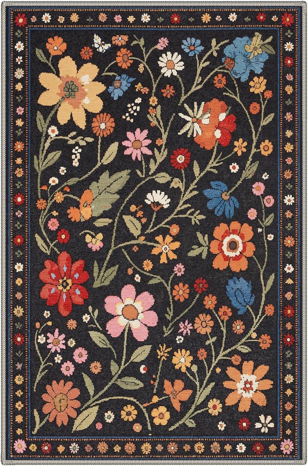 image:imageGENIMO 5X7 Area Rugs for Living Room Machine Washable Modern Botanical Non Slip Low Pile Soft Rugs Vintage Floral Carpet for Bedroom Dining Room Home Office Warm BeigeBlack