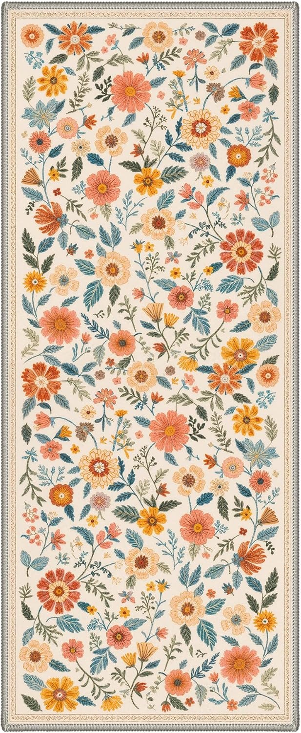 image:imageGENIMO 5X7 Area Rugs for Living Room Machine Washable Modern Botanical Non Slip Low Pile Soft Rugs Vintage Floral Carpet for Bedroom Dining Room Home Office Warm BeigeDusty Terracotta