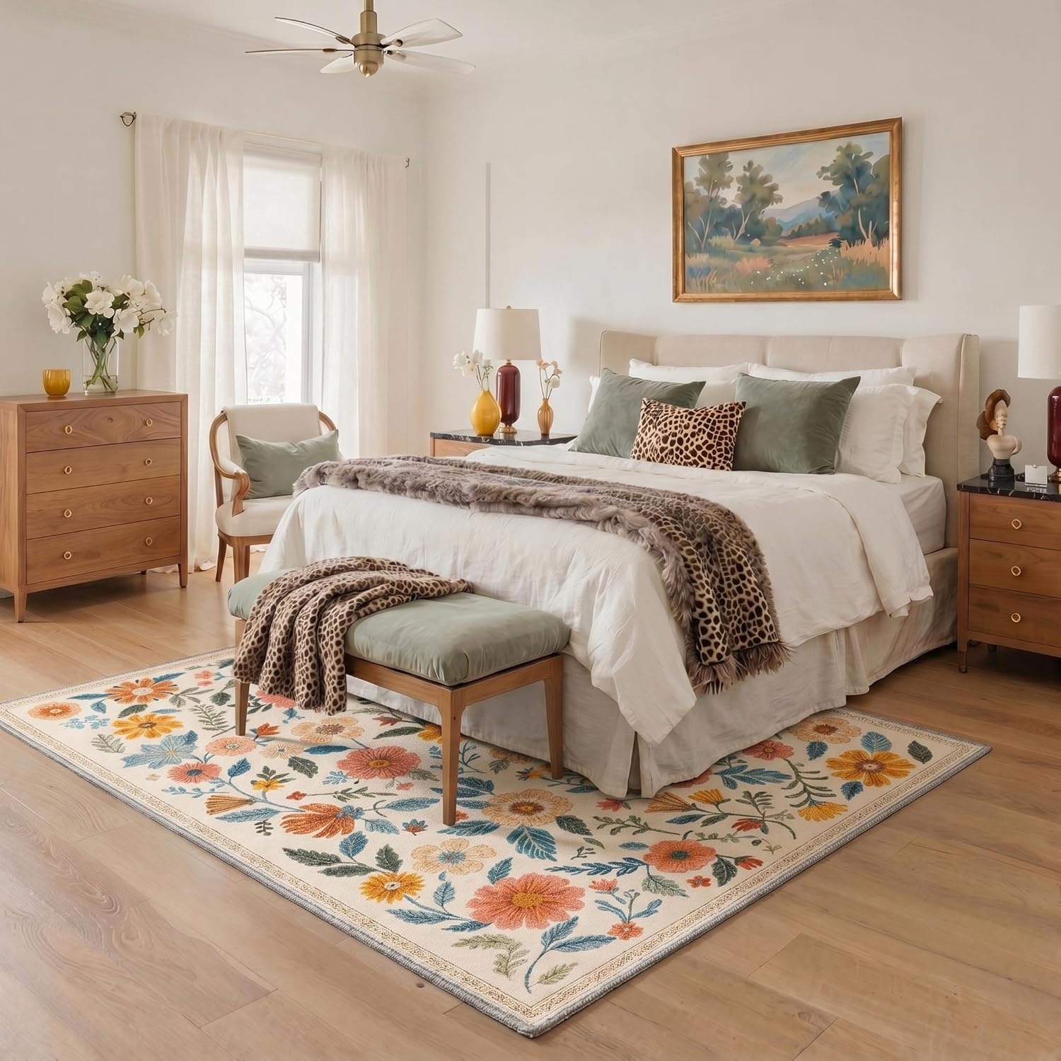 image:imageGENIMO 5X7 Area Rugs for Living Room Machine Washable Modern Botanical Non Slip Low Pile Soft Rugs Vintage Floral Carpet for Bedroom Dining Room Home Office Warm BeigeDusty Terracotta