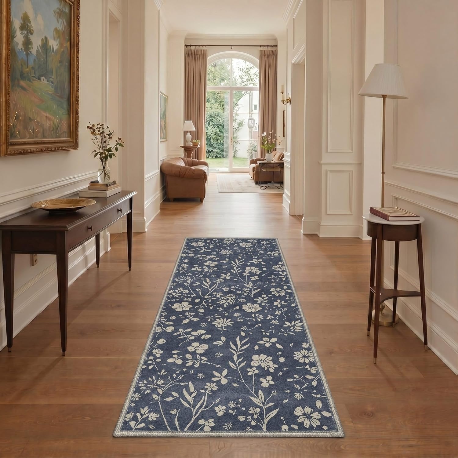 image:imageGENIMO 5X7 Area Rugs for Living Room Machine Washable Modern Botanical Non Slip Low Pile Soft Rugs Vintage Floral Carpet for Bedroom Dining Room Home Office Warm BeigeMuted Navy