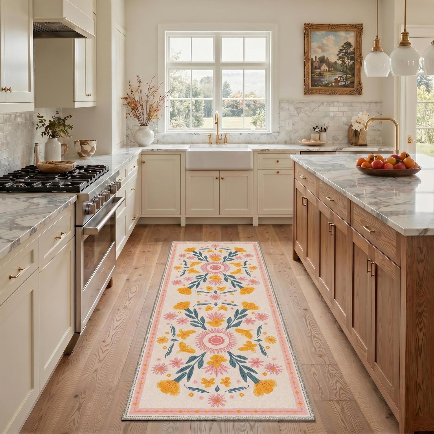 image:imageGENIMO 5X7 Area Rugs for Living Room Machine Washable Modern Botanical Non Slip Low Pile Soft Rugs Vintage Floral Carpet for Bedroom Dining Room Home Office Warm BeigeDusty Blush