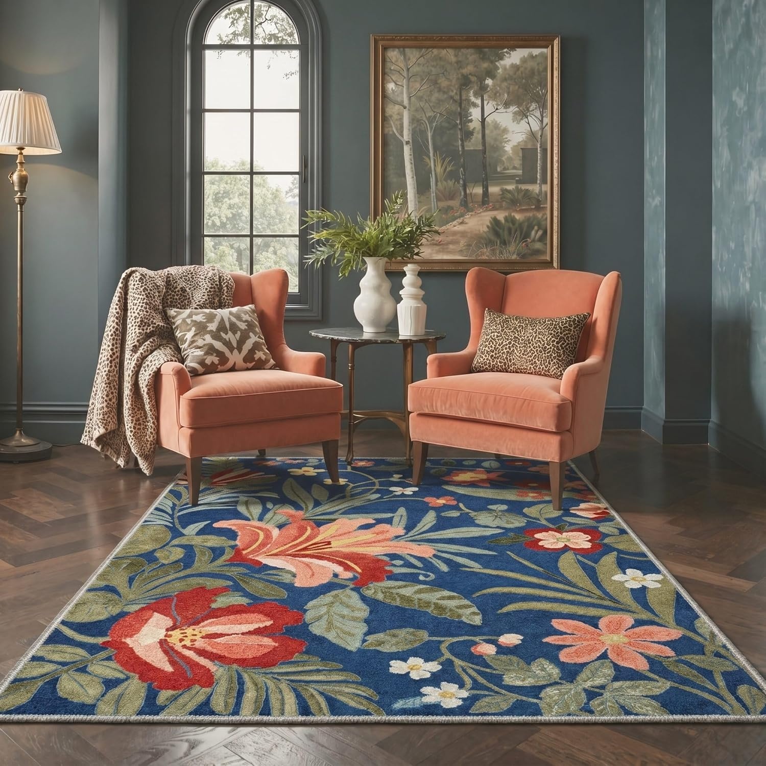 image:imageGENIMO 5X7 Area Rugs for Living Room Machine Washable Modern Botanical Non Slip Low Pile Soft Rugs Vintage Floral Carpet for Bedroom Dining Room Home Office Warm BeigeNavy Blue