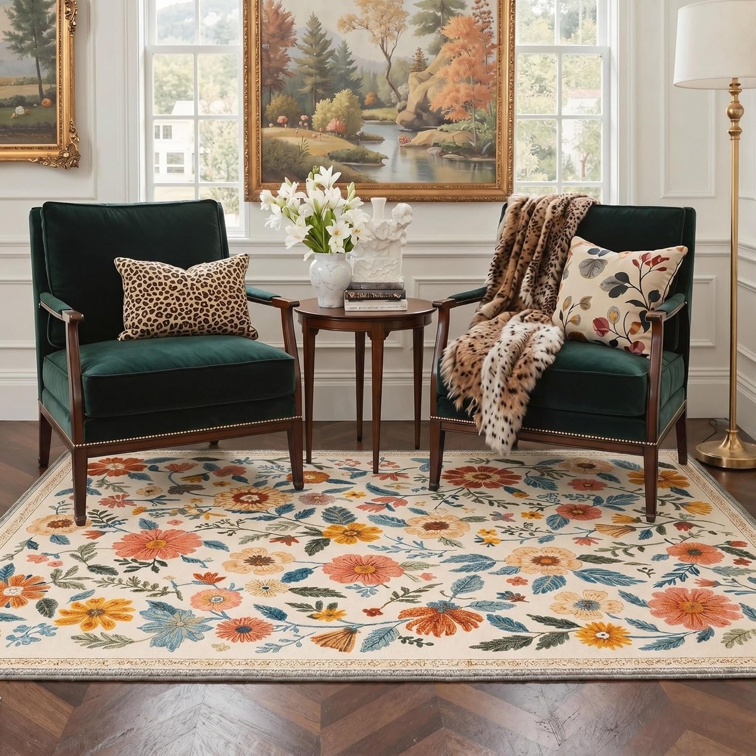 image:imageGENIMO 5X7 Area Rugs for Living Room Machine Washable Modern Botanical Non Slip Low Pile Soft Rugs Vintage Floral Carpet for Bedroom Dining Room Home Office Warm BeigeDusty Terracotta