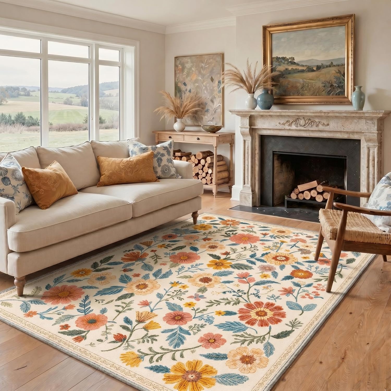image:imageGENIMO 5X7 Area Rugs for Living Room Machine Washable Modern Botanical Non Slip Low Pile Soft Rugs Vintage Floral Carpet for Bedroom Dining Room Home Office Warm BeigeDusty Terracotta