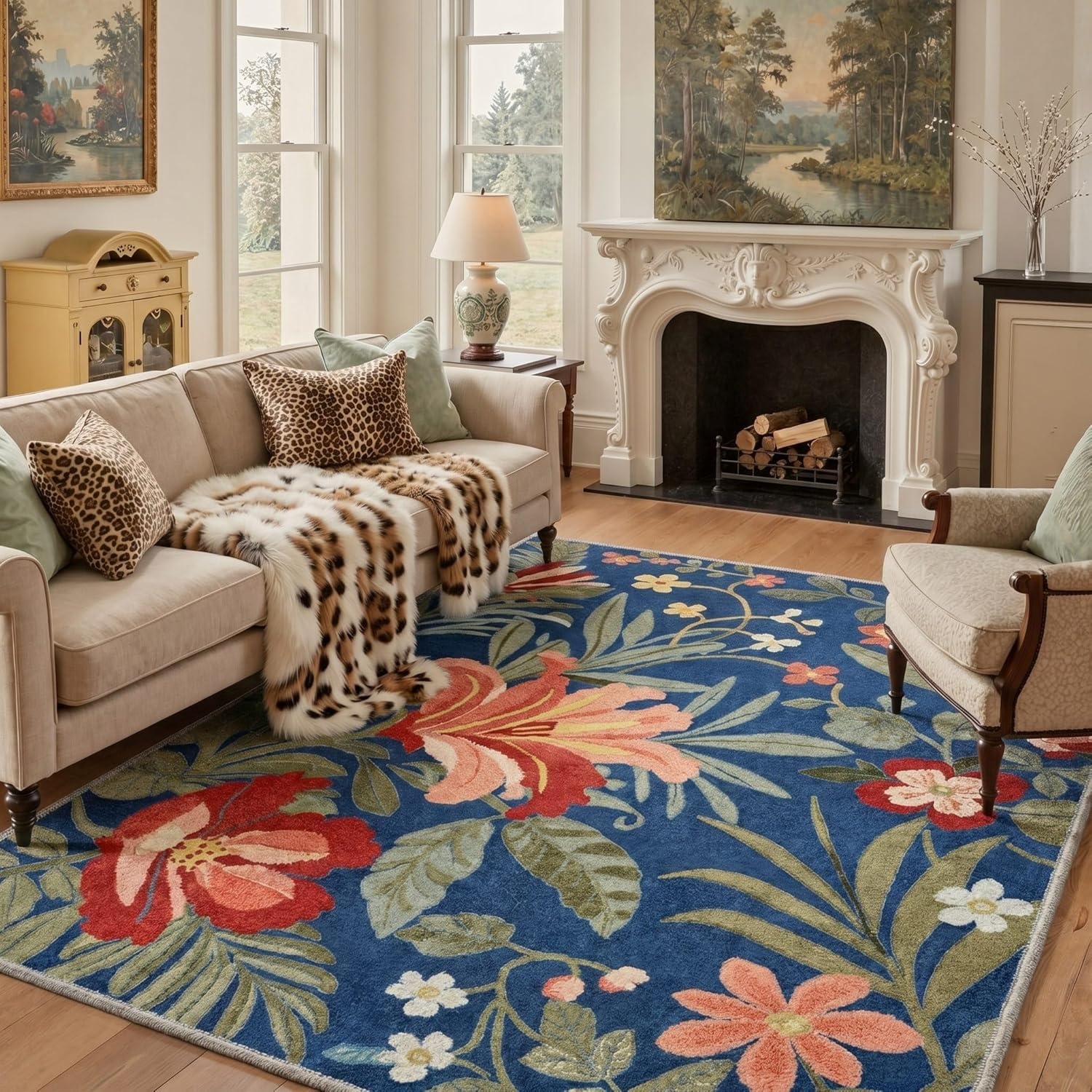 image:imageGENIMO 5X7 Area Rugs for Living Room Machine Washable Modern Botanical Non Slip Low Pile Soft Rugs Vintage Floral Carpet for Bedroom Dining Room Home Office Warm BeigeNavy Blue